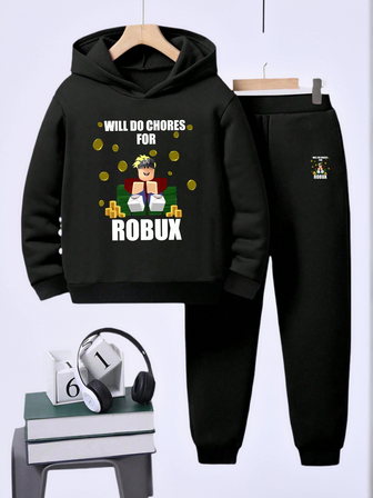 2件套青少年男童休闲字母印花黑色羊毛连帽衫和裤子套装