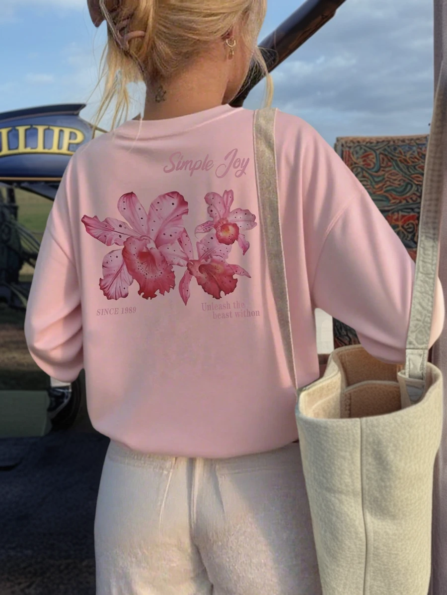 1 件女童休闲印花圆领长袖 T 恤，秋季学生年轻服装 - 粉色 - 查看 1