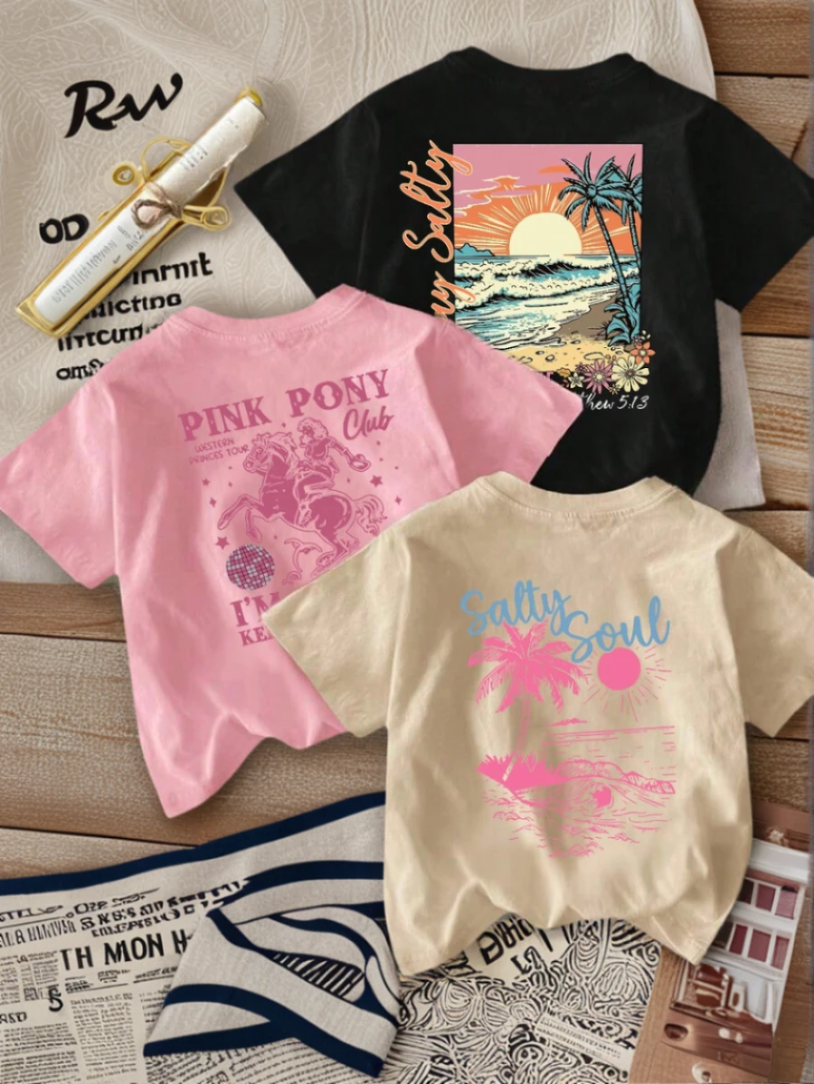 3 piezas Camisetas de cuello redondo de manga corta con estampado de logo para chicas adolescentes y estudiantes, blusas de verano - Negro - Ver 1