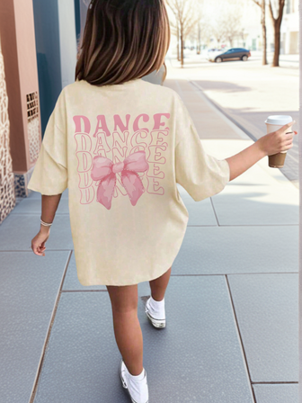 女童和青少年学生休闲印花深灰色圆领短袖T恤，夏季上衣