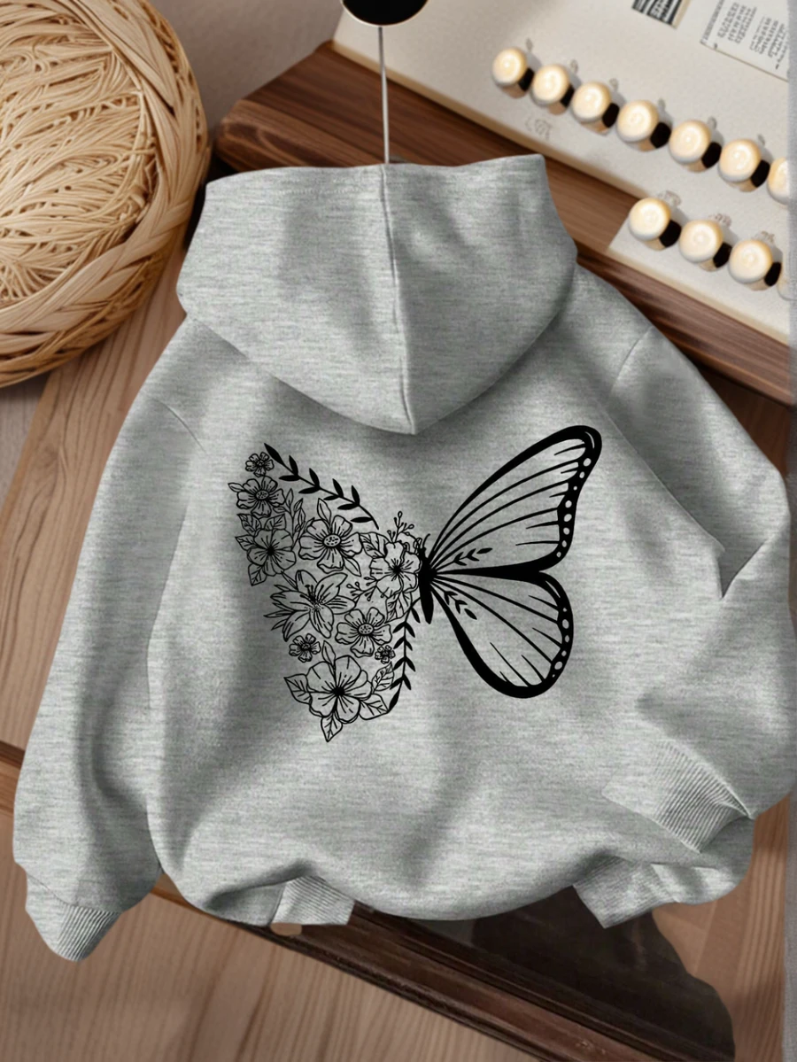 年轻女孩休闲舒适宽松厚针织套头连帽运动衫 - 灰色 - 查看 1