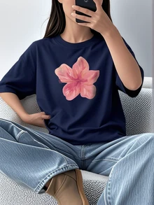 女童和青少年学生休闲海军蓝印花圆领短袖T恤上衣，夏季