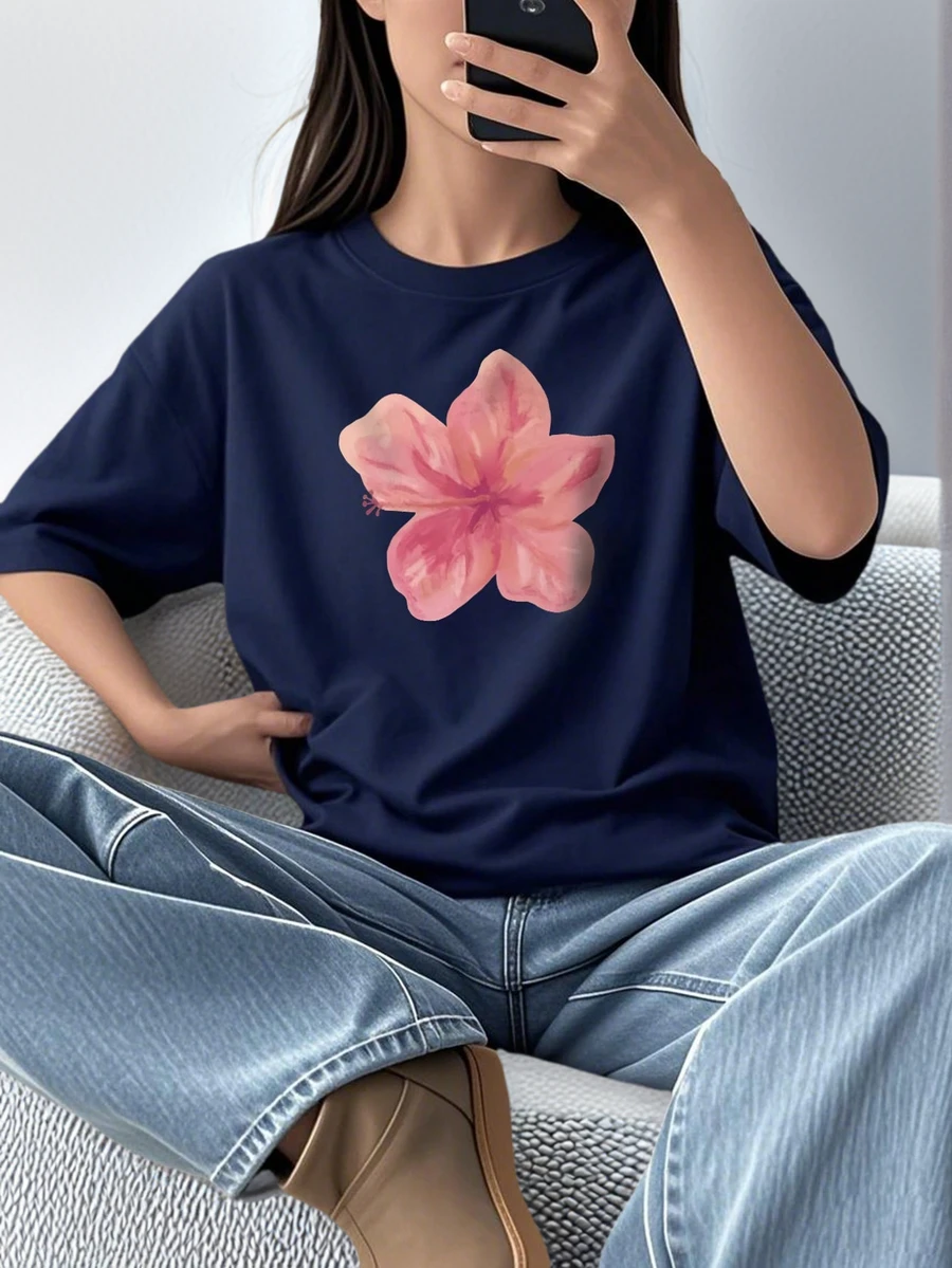 女童和青少年学生休闲海军蓝印花圆领短袖T恤上衣，夏季