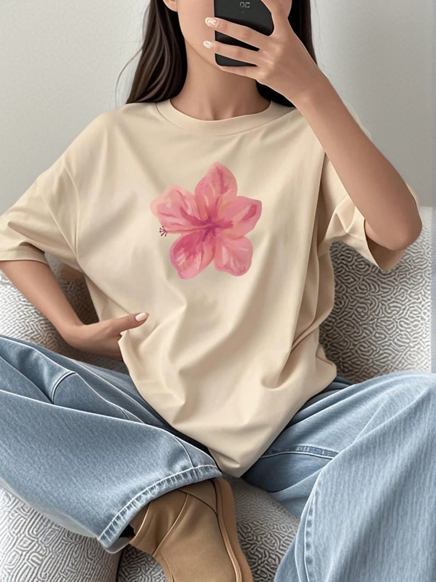 女孩和青少年休闲杏色印花圆领短袖 T 恤、夏季上衣