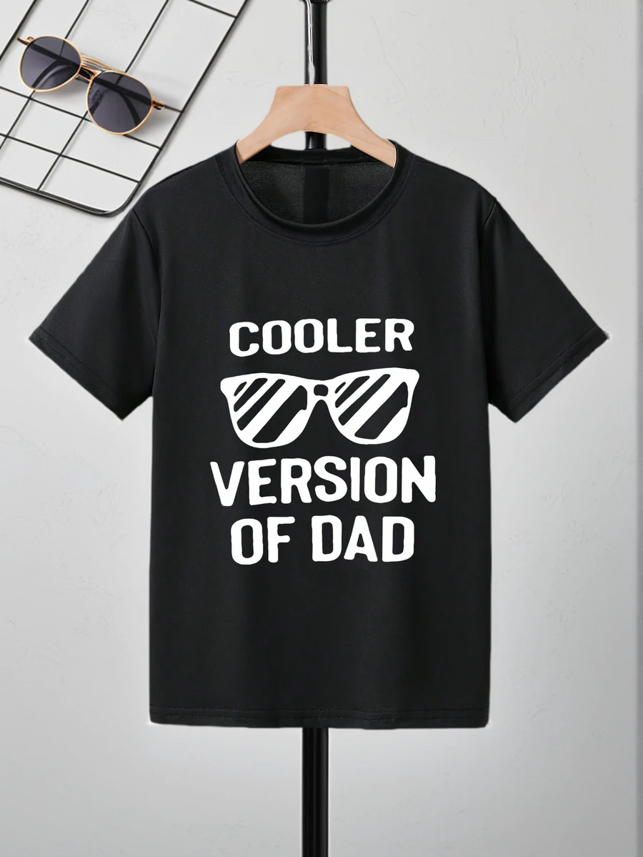 Tween Boy Casual Slogan Printed Black Round Neck Pullover Short Sleeve T-Shirt, Summer