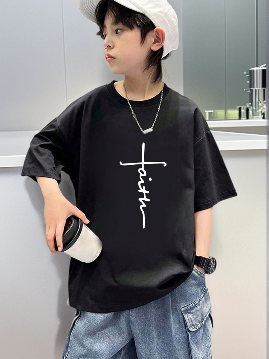 青少年男童休閒字母印花黑色圓領短袖毛衣，夏季上衣 - 黑色 - 查看 1