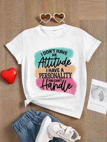 青少女休閒標語印花圓領短袖套頭T恤，夏季款