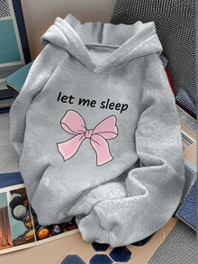 1件少女休闲印花套头卫衣，保暖内衬，长袖，秋冬季 - 淺灰色 - 查看 1