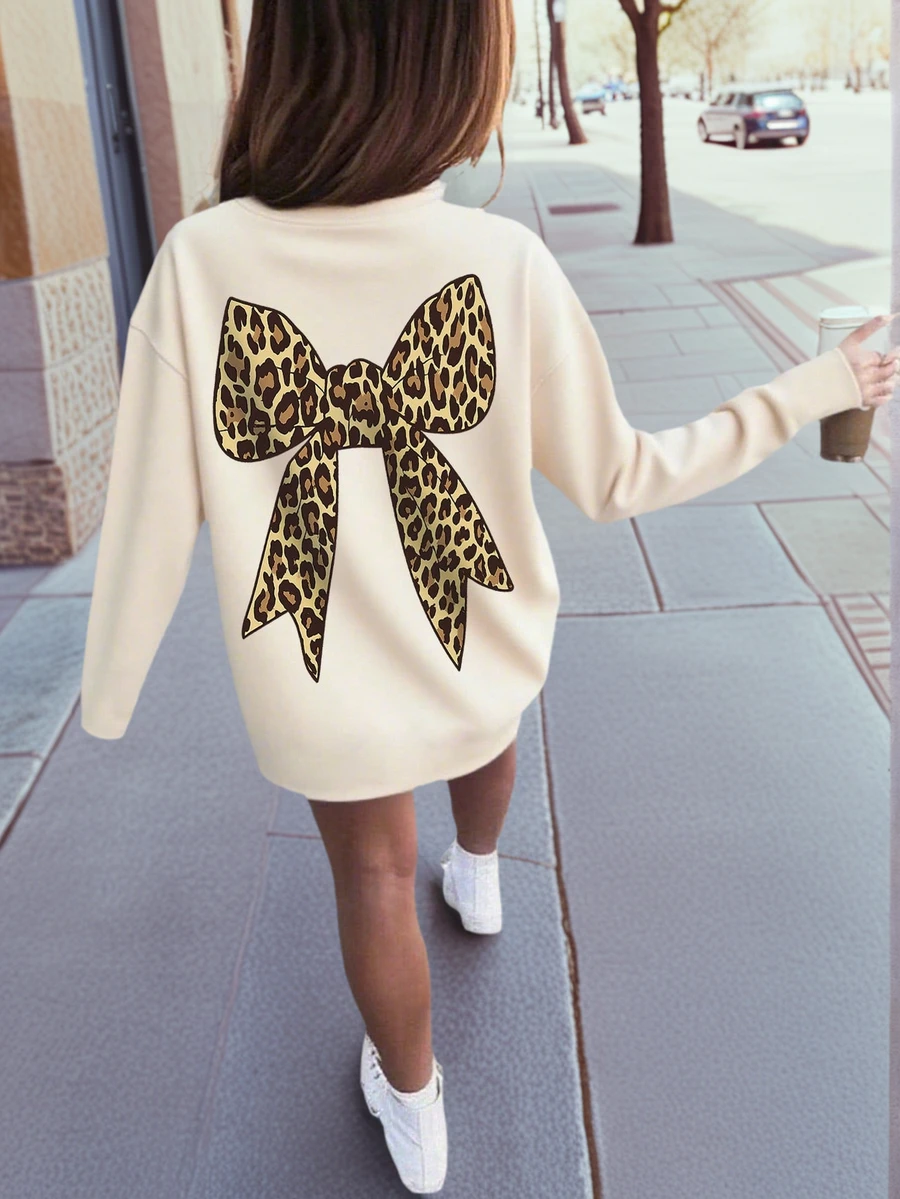 1 件女童休闲印花圆领长袖 T 恤，秋季学生年轻服装 - 杏色 - 查看 1