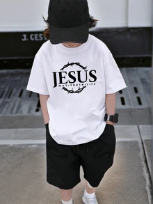 男童及青少年休闲图案印花圆领短袖T恤，夏季上衣