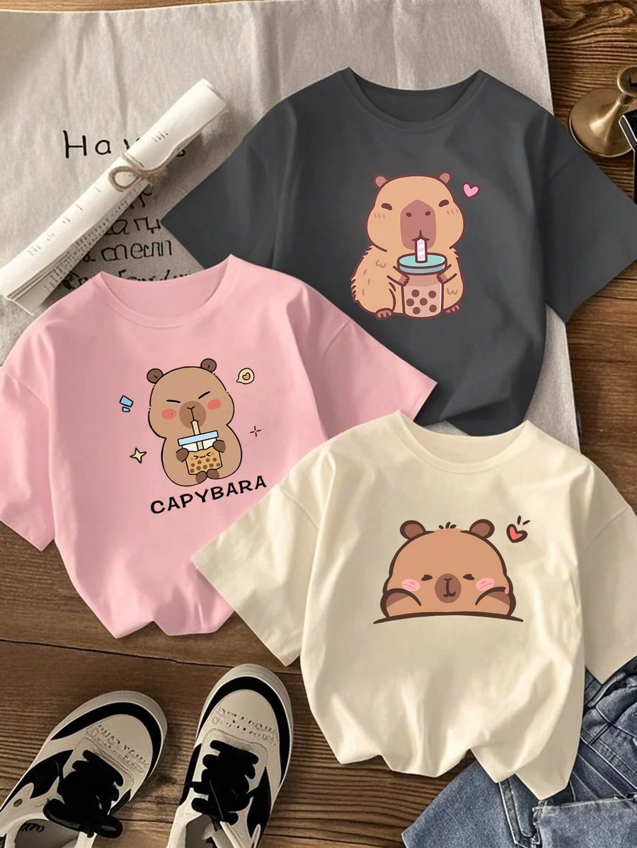 3 piezas Camisetas de manga corta y cuello redondo informales estampadas para niñas adolescentes y estudiantes, para el verano