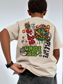 Boys & Teen Students Casual Printed Round Neck Short Sleeve T-Shirt, Summer Top - Apricot - View 1