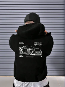 Tween Boy 休闲印花黑色羊毛连帽衫，秋季