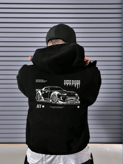 Tween Boy 休闲印花黑色羊毛连帽衫，秋季