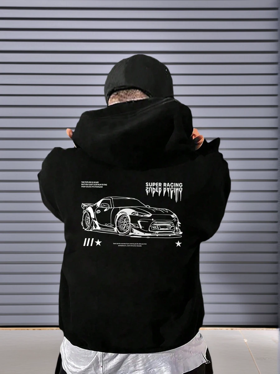 Tween Boy 休闲印花黑色羊毛连帽衫，秋季