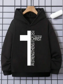 Tween Boy Casual Printed Black Thick Hoodie, Autumn