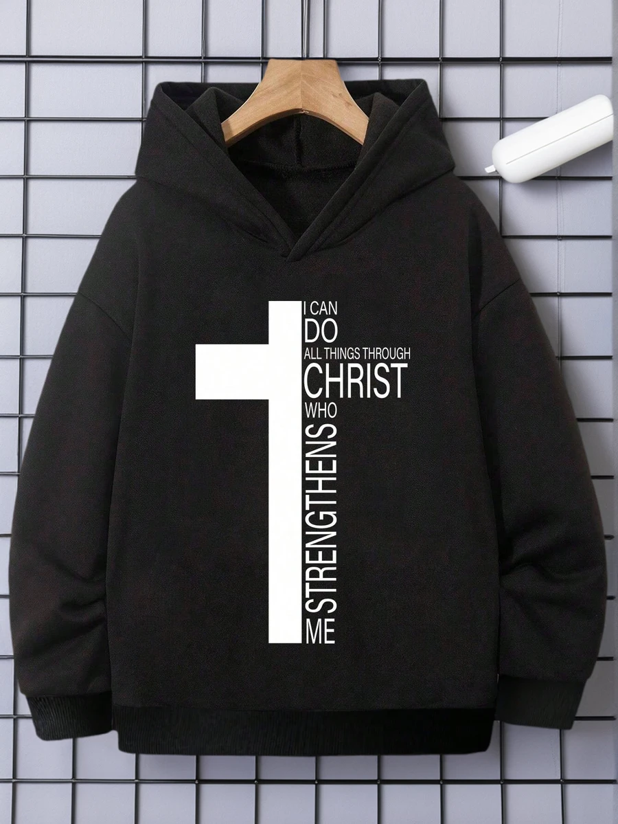 Tween Boy Casual Printed Black Thick Hoodie, Autumn