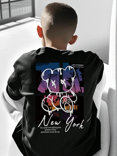 青少年男童休闲印花圆领短袖T恤，夏季上衣