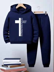 2pcs/Set Tween Boy Casual Logo Print Fleece Hooded Sweatshirt And Sweatpants Set, Suit Set, Autumn/Spring/Winter - Navy Blue - View 1