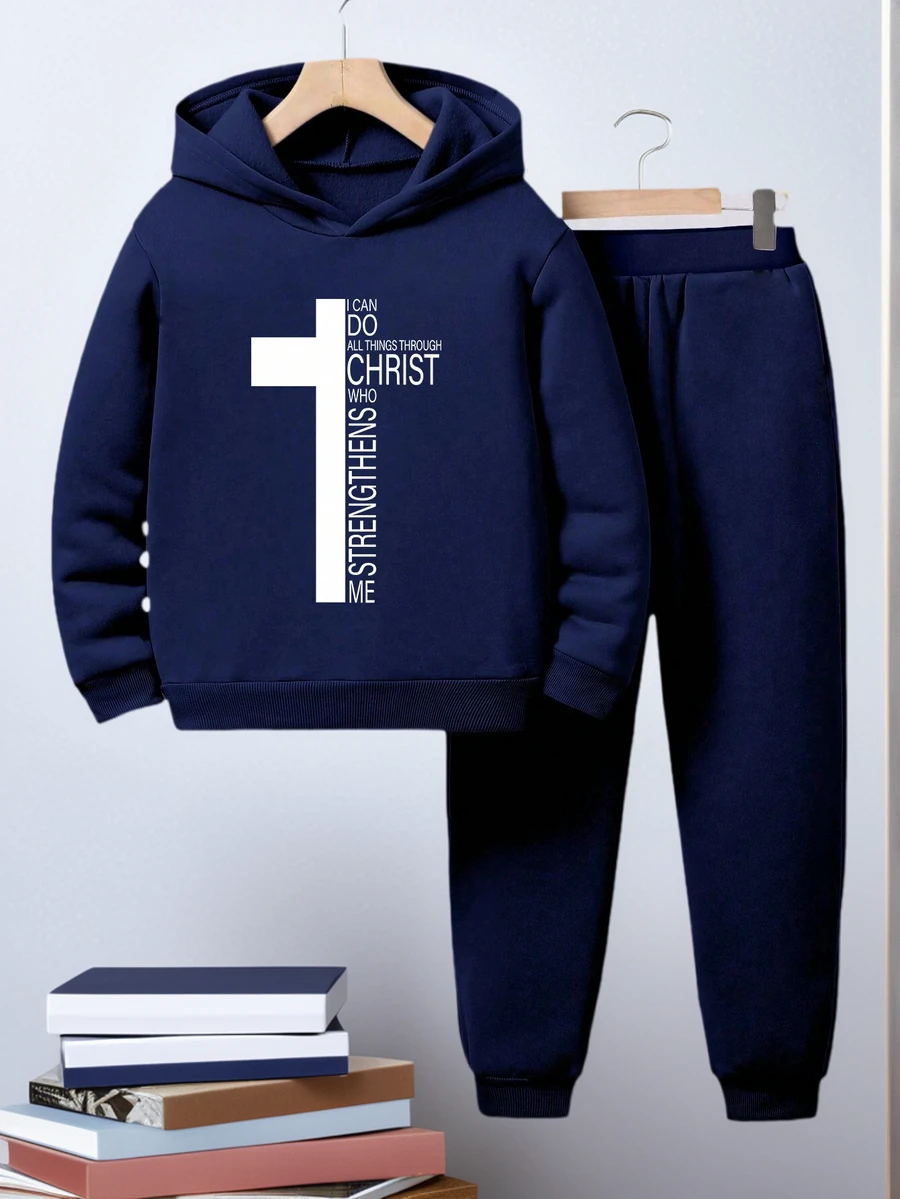 2pcs/Set Tween Boy Casual Logo Print Fleece Hooded Sweatshirt And Sweatpants Set, Suit Set, Autumn/Spring/Winter - Navy Blue - View 1