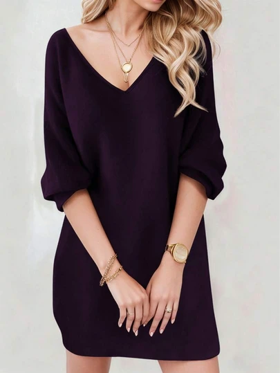 女士纯色V领中长袖休闲宽松优雅连衣裙