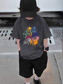 Tween Boy 灰色圆领图案印花短袖 T 恤，夏季 - 深灰色 - 查看 1