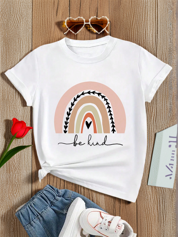 Tween Girl Casual Rainbow Letter Printed Round Neck Short Sleeve T-Shirt, Summer