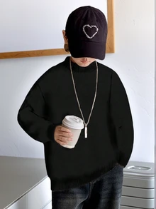 1pc Boys/Teen Students Casual Thick Warm Half High Collar Knit Sweater Pullover For Autumn & Winter