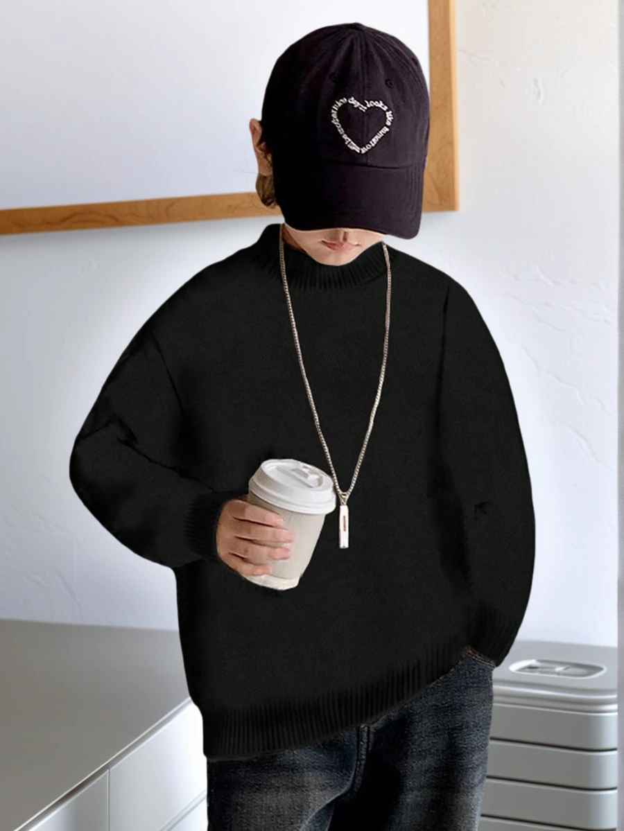 1pc Boys/Teen Students Casual Thick Warm Half High Collar Knit Sweater Pullover For Autumn & Winter