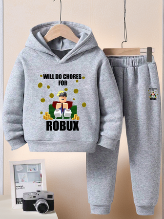 2件套青少年男童休闲印花连帽衫和运动裤套装，秋冬季保暖保暖套头连帽衫和运动裤套装，适合青少年学生，趣味多彩的设计激发孩子们的活力