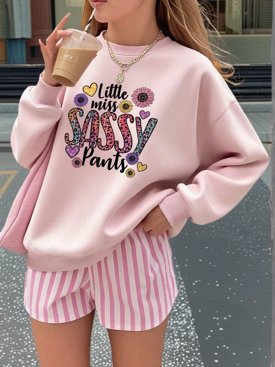 1 件女童休闲印花圆领运动衫，学生长袖上衣，秋冬 - 粉色 - 查看 1