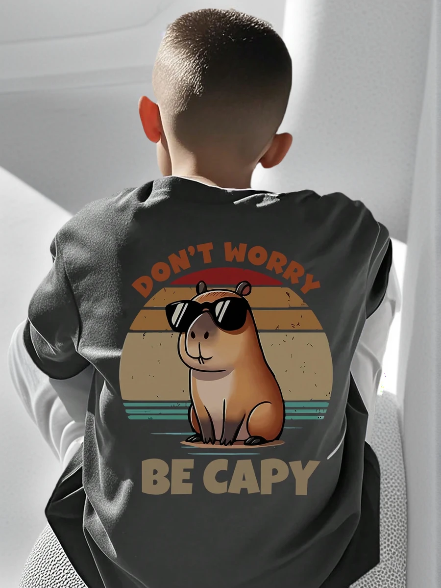 Boys & Teens Students Casual Printed Round Neck Short Sleeve T-Shirt, Summer Top