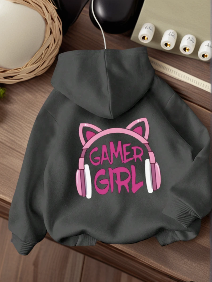 Funny Print Thermal Lined Pullover Sweatshirt Sweatshirt For Young Girls, Warm & Comfortable For Autumn/Winter - Dark Grey - View 1
