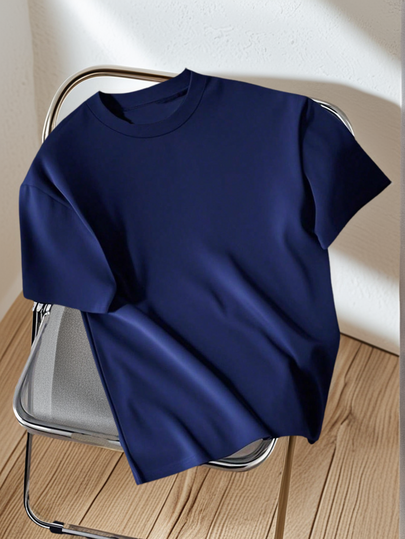 Camiseta de manga corta con cuello redondo azul marino de estampado casual para niños y estudiantes adolescentes, top de verano