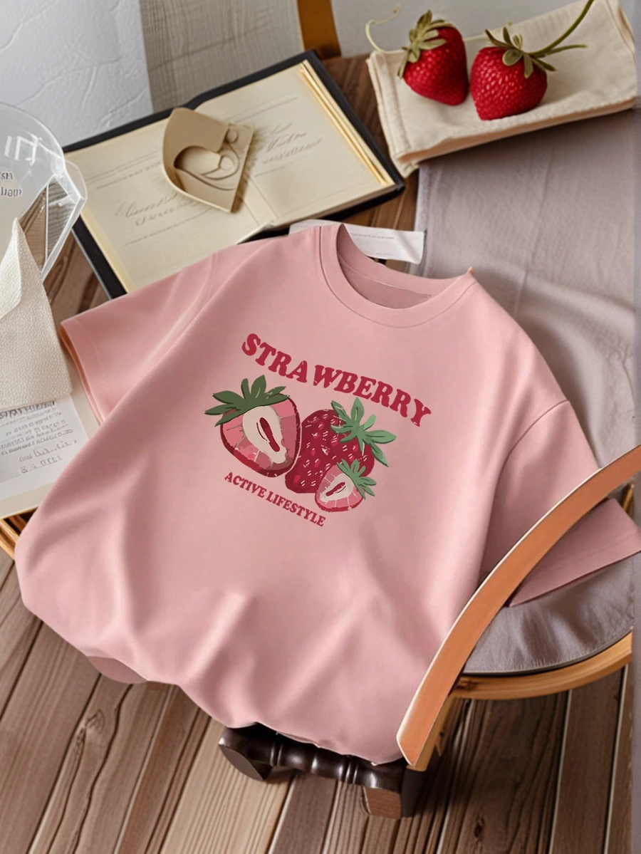 Tween Girls Student Casual Pink Graphic Print Round Neck Short Sleeve T-Shirt, Summer Top - Pink - View 1