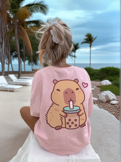 Girls & Teens Student Casual Printed Dark Grey Round Neck Short Sleeve T-Shirt, Summer Top