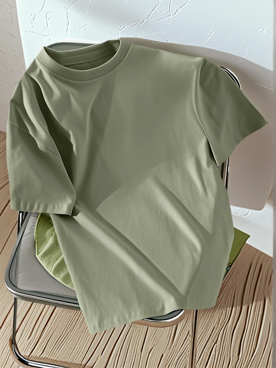 男童青少年学生休闲灰色图案印花圆领短袖T恤，夏季 - 橄欖綠 - 查看 1