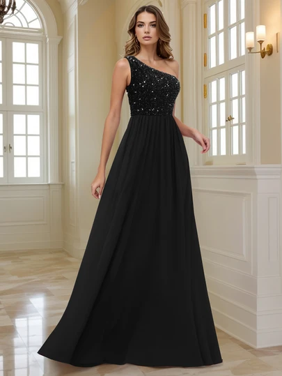 Solid Color Fitted Sequin Patchwork Chiffon Sleeveless Formal Cocktail Party Gown Dress