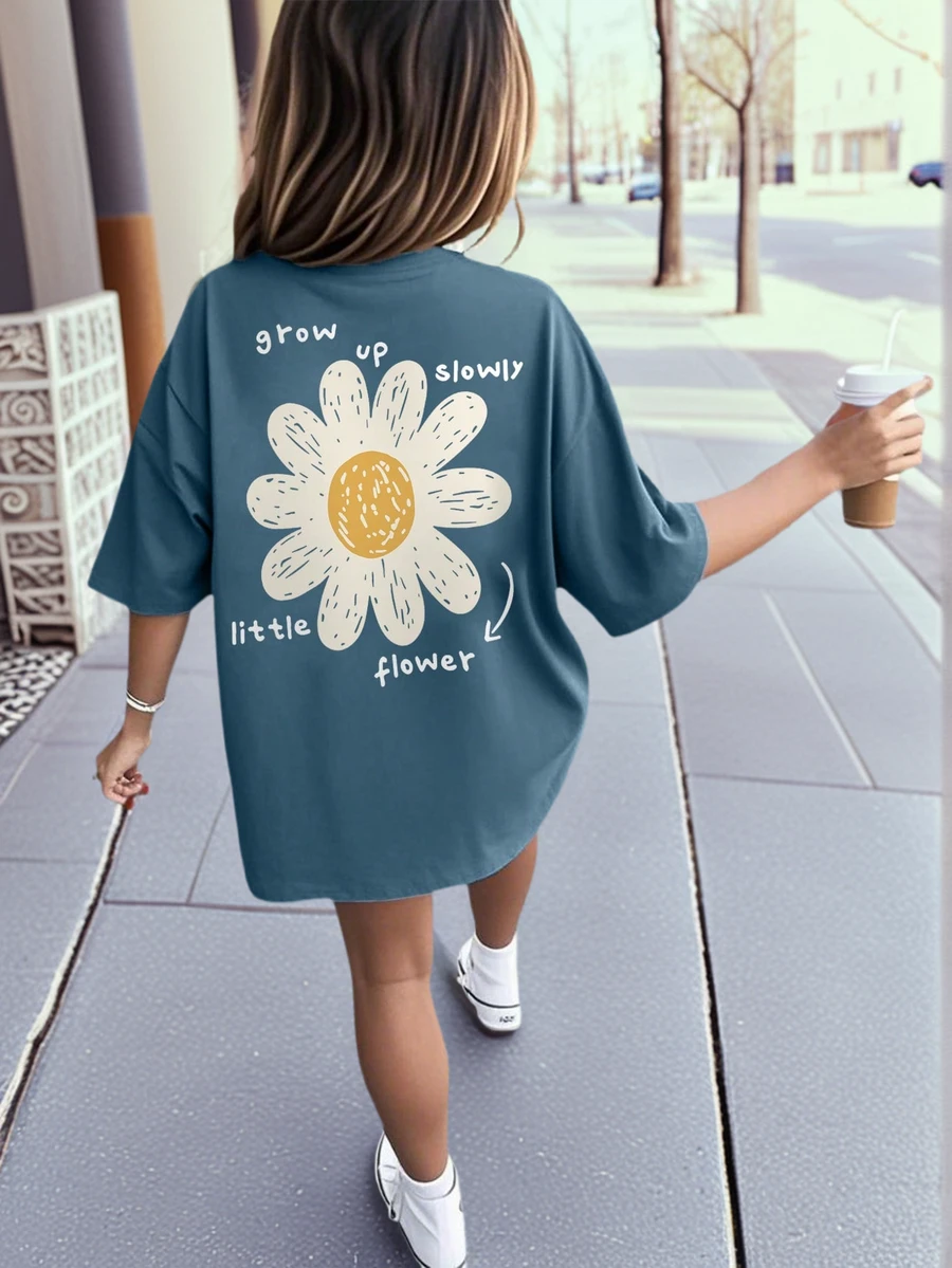 女童和青少年学生休闲灰蓝色图案印花圆领短袖T恤上衣，夏季