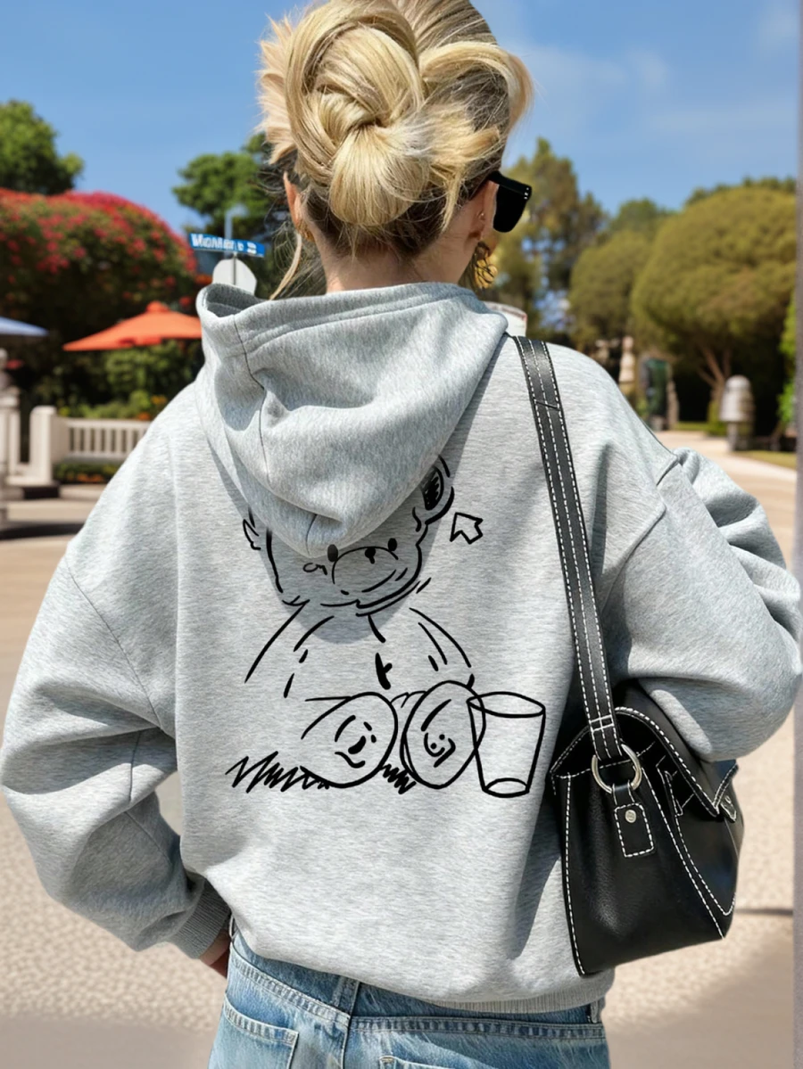 Tween Girls Casual Printed Thermal Lined Hooded Pullover Sweatshirt, Autumn - Light Grey - View 1