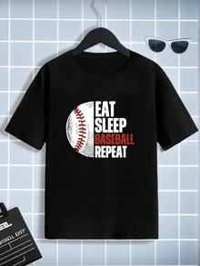 Tween Boy Casual Slogan Baseball Printed Black Round Neck Short Sleeve T-Shirt Summer Top - Black - View 11