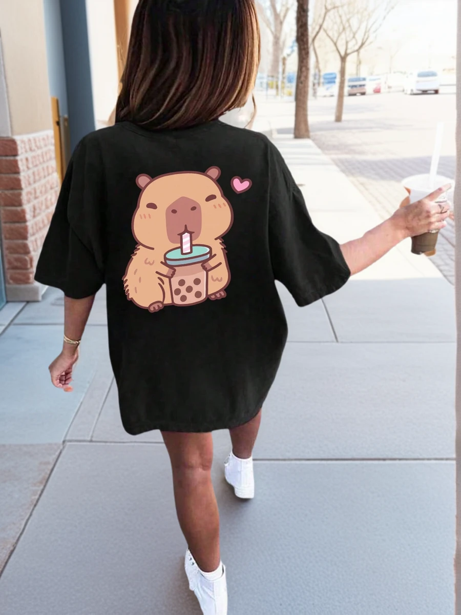 Girls & Teenagers School Student Casual Printed Black Crew Neck Short Sleeve T-Shirt, Summer Top - Black - View 1