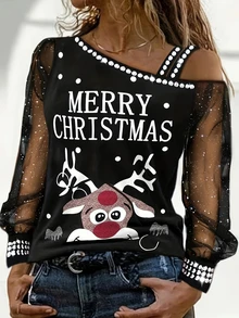 Plus Size Reindeer Print Mesh Long Sleeve Off-Shoulder T-Shirt, Christmas Top - Pure Black - View 1