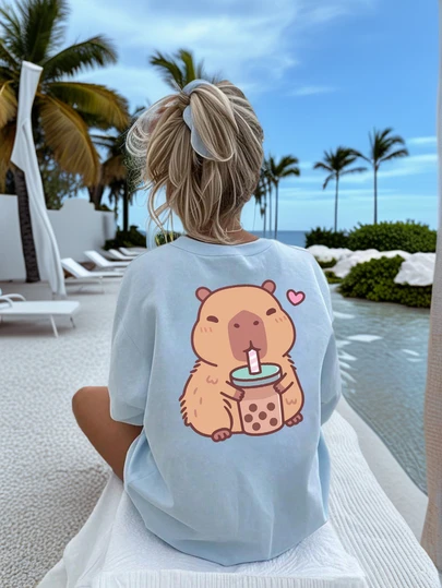 Girls & Teen Students Casual Printed Light Blue Crew Neck Short Sleeve T-Shirt Top, Summer