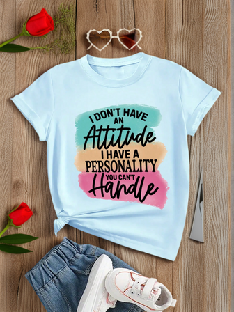 Tween Girl Casual Light Blue Printed Round Neck Short Sleeve T-Shirt, Summer