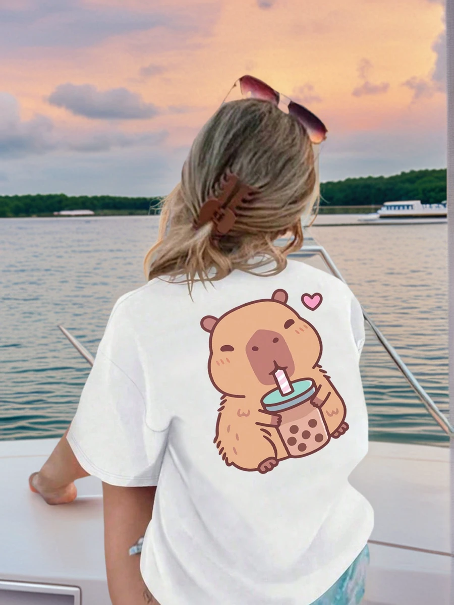 女童/青少年休闲印花圆领短袖T恤,夏季上衣 - 白色 - 查看 1