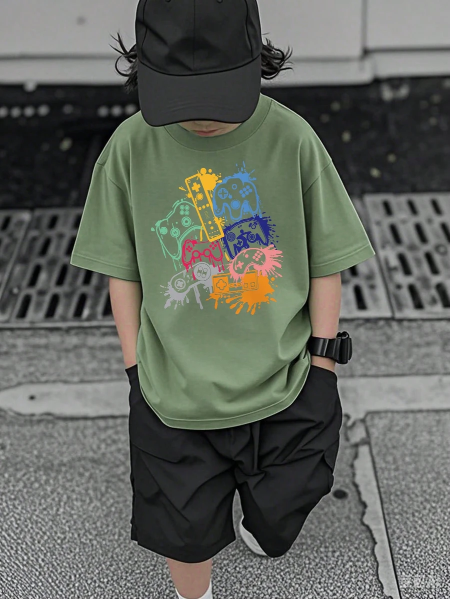 男童休闲草绿色印花圆领短袖T恤，夏季上衣 - 橄欖綠 - 查看 1