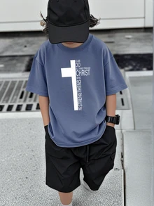 男童和青少年学生休闲白色图案印花圆领短袖T恤，夏季上衣