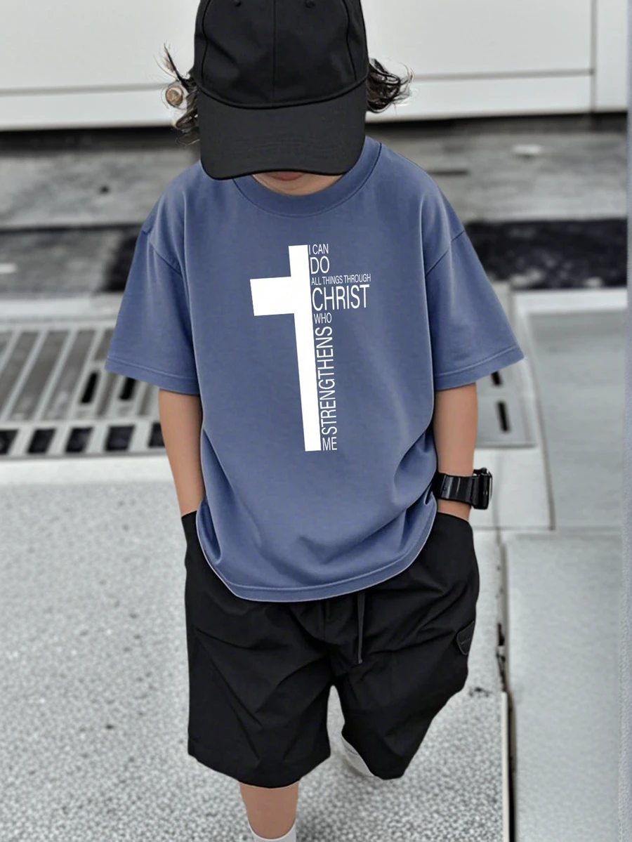 男童和青少年学生休闲白色图案印花圆领短袖T恤，夏季上衣