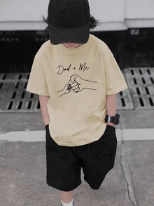 青少年男孩学生休闲印花杏色圆领短袖 T 恤，夏季上衣